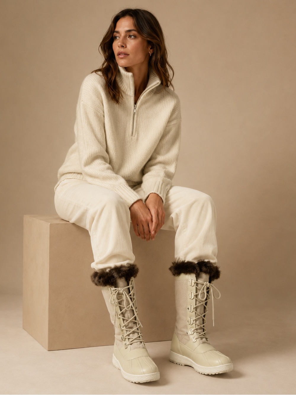 Soleire Faux Fur Lace Up Winter Boots Size 9 Cream Snow Boots Cozy Neutral